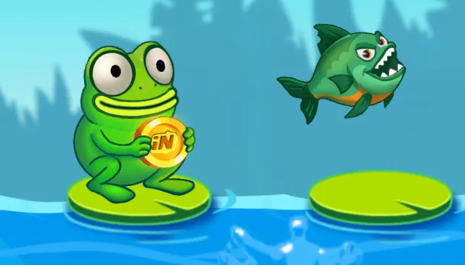 A rã pousada num nenúfar enquanto uma piranha verde salta da água mesmo ao lado.
