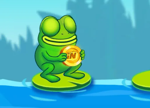 Captura real da demo Frog Road: a rã verde equilibrada num nenúfar sobre a água do charco.