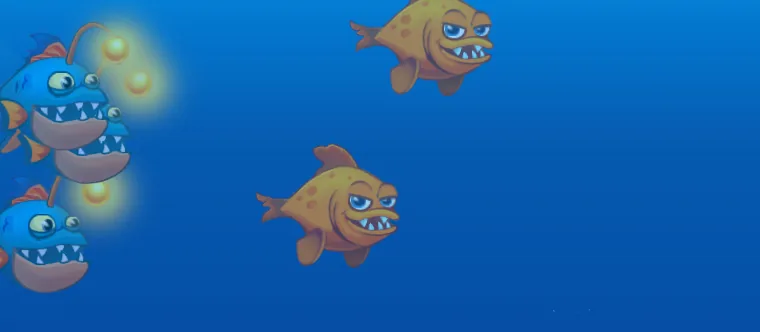 Cardume de piranhas azuis e cor de laranja a nadar no fundo azul do charco, à espera de um deslize.