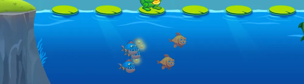 Vista larga da travessia: a rã salta sobre a fila de nenúfares enquanto as piranhas rondam na água por baixo.